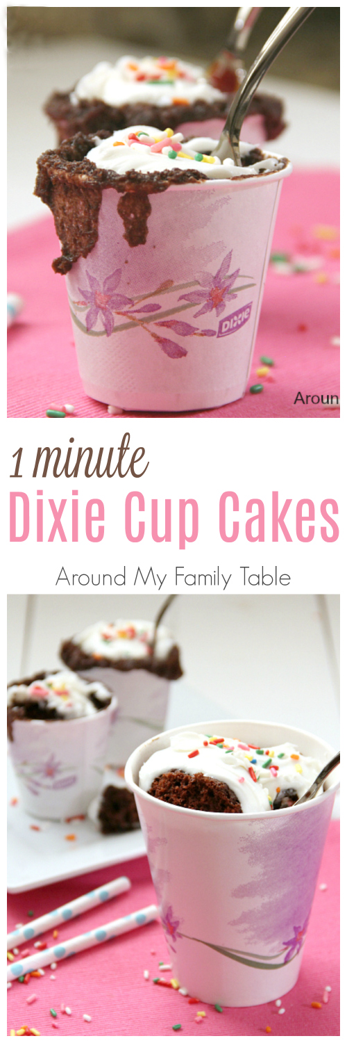 Only one minute to hot glorious cake! Use your favorite cake mix and a paper Dixie cup for these 1 Minute Dixie Cup Cakes for an after school snack or late night treat for yourself!