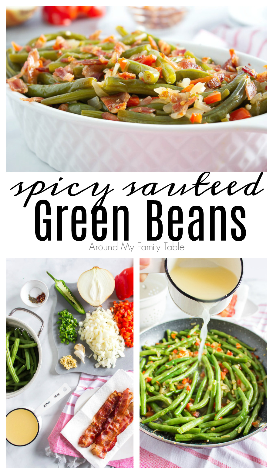 Sauteed green beans with bacon, veggies and spicy peppers is delicious and easy to prepare. Make this recipe to replace green bean casserole! via @slingmama