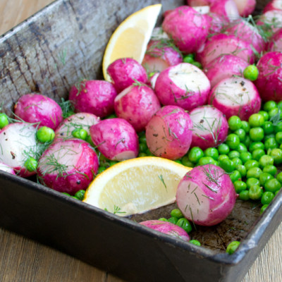 Oven Roasted Radishes with Peas and Dill