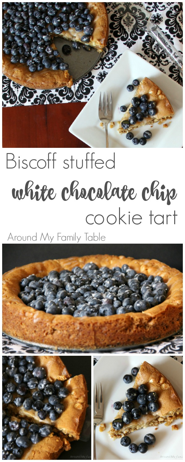 Biscoff Stuffed White Chocolate Chip Cookie Tart with Fresh Berries. A delicious cookie butter tart recipe using Biscoff spread and fresh blueberries.
