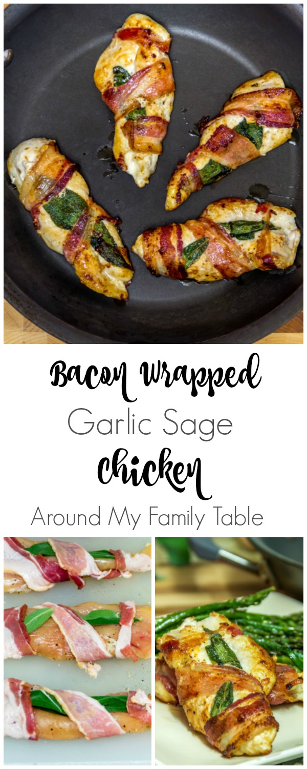 Quick and easy supper for busy nights, this Bacon Wrapped Garlic Sage Chicken recipe takes only 15 minutes and is full of flavor.