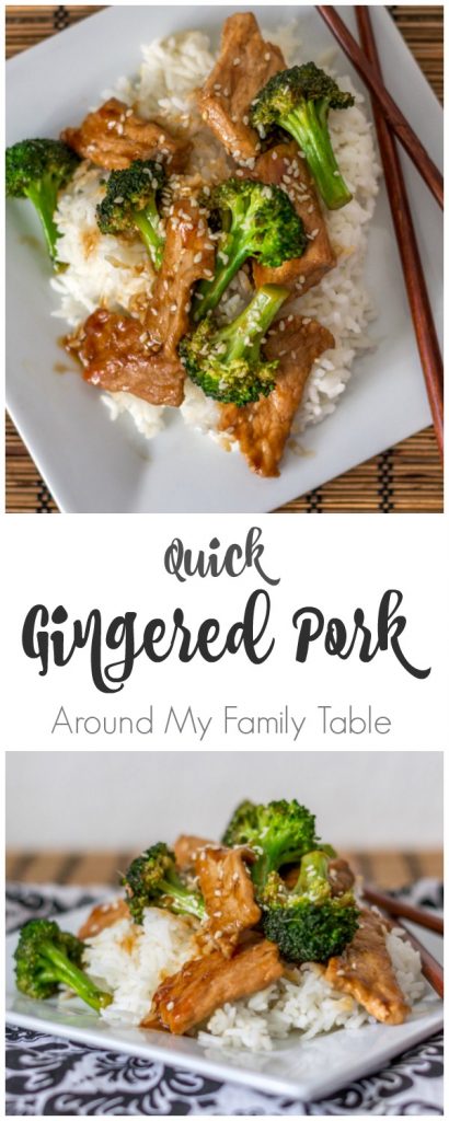 I can't tell you enough how scrumptious this quick gingered pork is. It sort of reminds me of teriyaki sauce, but less sweet and more gingery {not overly gingery though}.