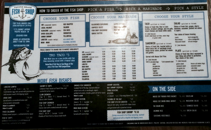 Pacific Beach Fish Shop menu in San Diego, CA
