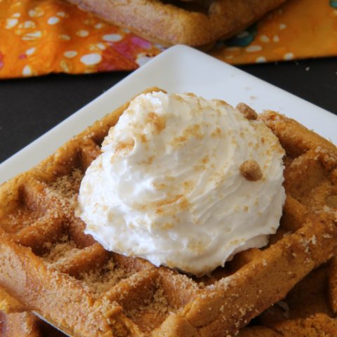 Pumpkin Pie Waffles topped with whipped cream and cinnamon