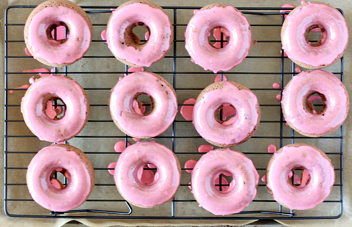 Warning! You won't be able to eat just one of these Chocolate Donuts with Cherry Glaze. They taste like a chocolate covered cherry...but as a donut.