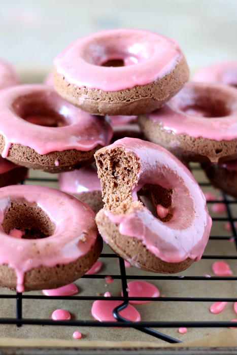 Chocolate Donuts with Cherry Glaze {these yummy donuts are gluten free, dairy free, & vegan}