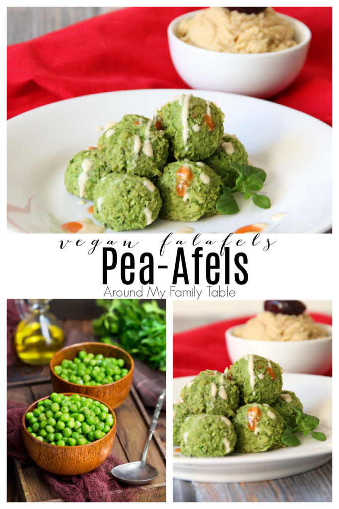 Pea-Afel (Vegan Falafel) on a white plate with hummus and green peas collage