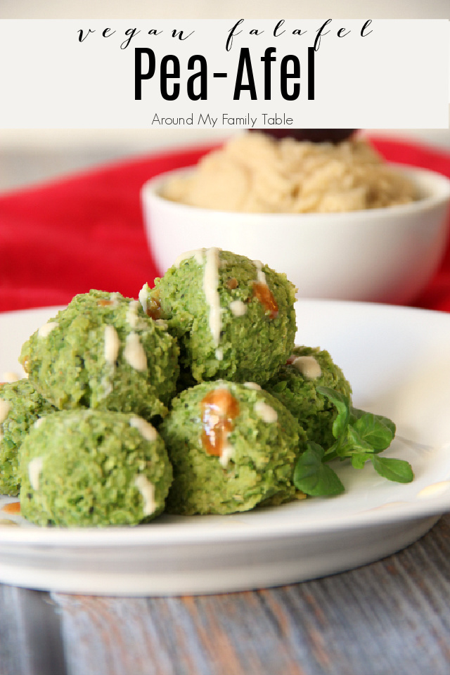 Pea-Afel (Vegan Falafel) on a white plate with hummus