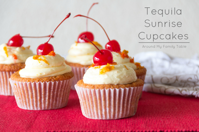 Tequila Sunrise Cupcakes-- a grenedine cupcake with tequila orange buttercream