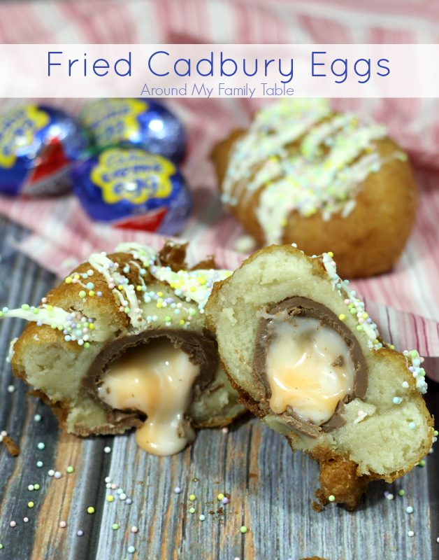 Fried Cadbury Eggs....take a Cadbury Egg, wrap in sugar cookie dough, dip in egg batter and fry! Such a fun Easter dessert for the kids! 