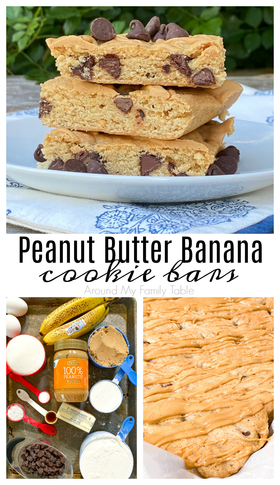 Peanut Butter Banana Cookie Bars are the perfect blend of peanut butter, banana, and chocolate chips in a moist, cake-like cookie bar made with pantry staples.  It's the perfect after school snack or dessert. via @slingmama