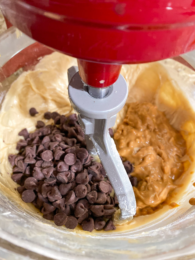 Peanut Butter Banana Cookie Bars ingredients in mixer