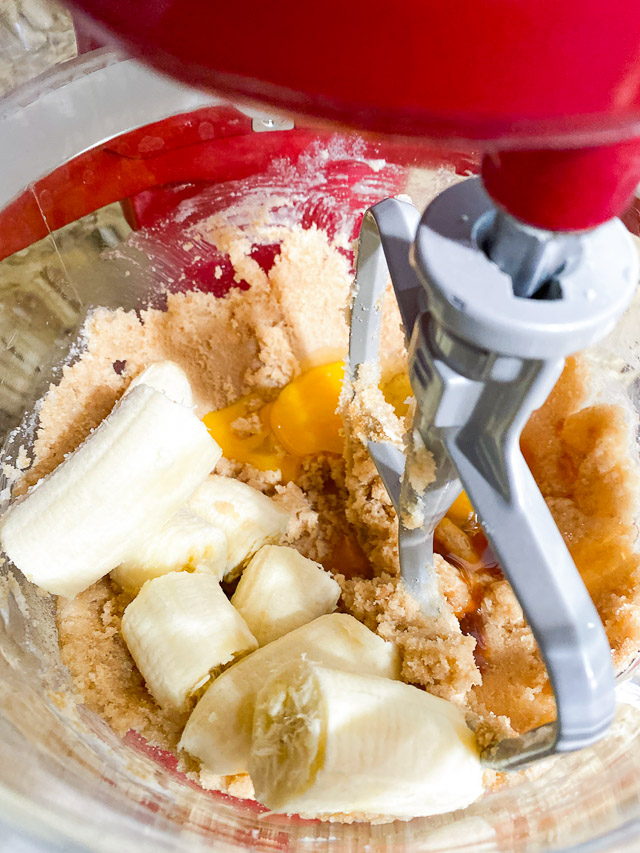 Peanut Butter Banana Cookie Bars ingredients in mixer