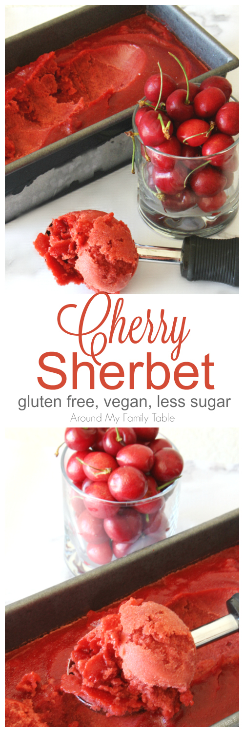 This delicious Cherry Sherbet is made with juice from fresh cherries...it's dairy free and vegan, but you wouldn't know it.  It's the perfect summertime dessert! #cherries #sherbet #vegan #cherrydessert