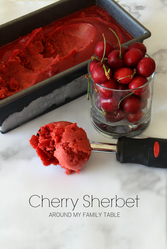 This delicious Cherry Sherbet isÂ made with juice from fresh cherries...it's dairy free and vegan, but you wouldn't know it.Â  It's the perfect summertime dessert! #cherries #cherrydessert #vegandessert 