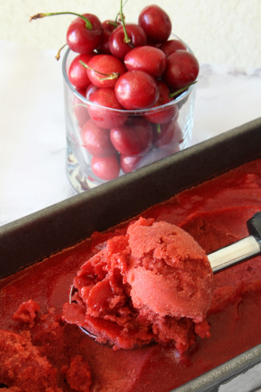 Delicious Cherry Sherbet...it's dairy free and vegan, but you wouldn't know. And has less added sugar too! 