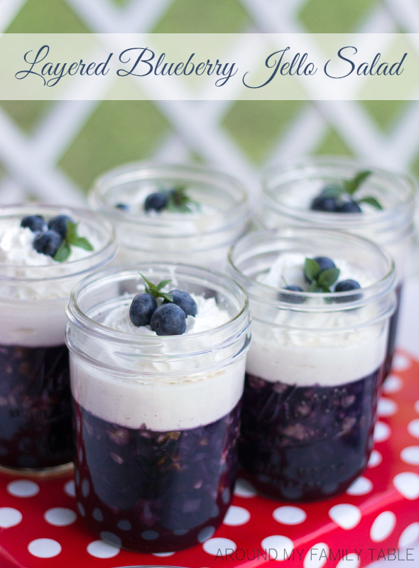 Jello salads need to make a come back!  Not sure why they ever went out of style because they are delicious and super easy to make!  My Layered Blueberry Jello Salad is gonna make you smile.