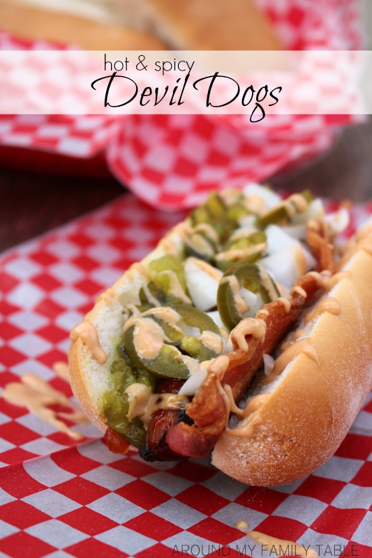 Hot & spicy Devil Dogs for all the spicy people in your life....these are not for the faint of heart.  So spicy and so delicious! Get your fix with these spicy hot dog toppings.