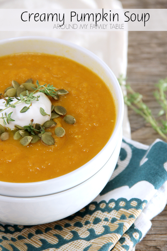 A big bowl of warm creamy Pumpkin Soup on a cold fall day is perfection!