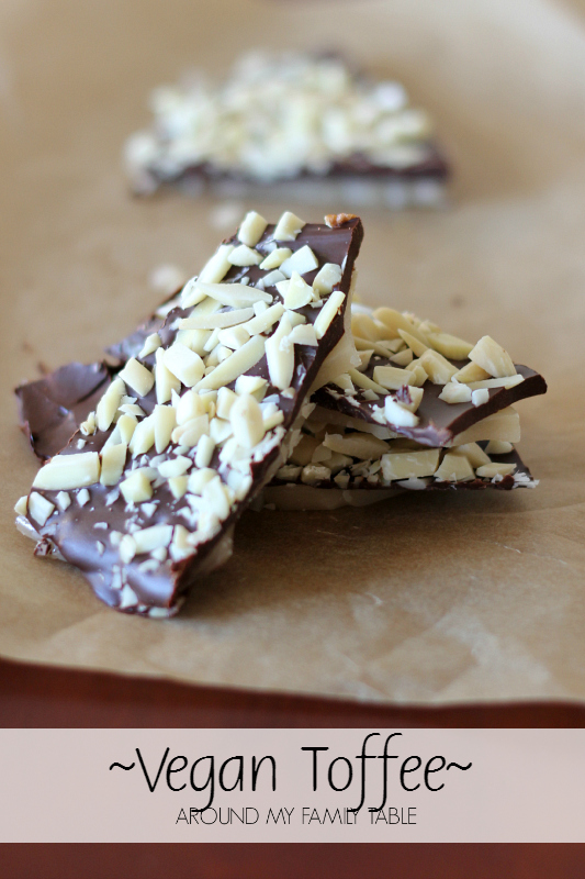 Buttery toffee with a delicious semi-sweet chocolate and a salty almond topping is what my dreams are made of. This Vegan Toffee Recipe is delicious and not too hard to make either.