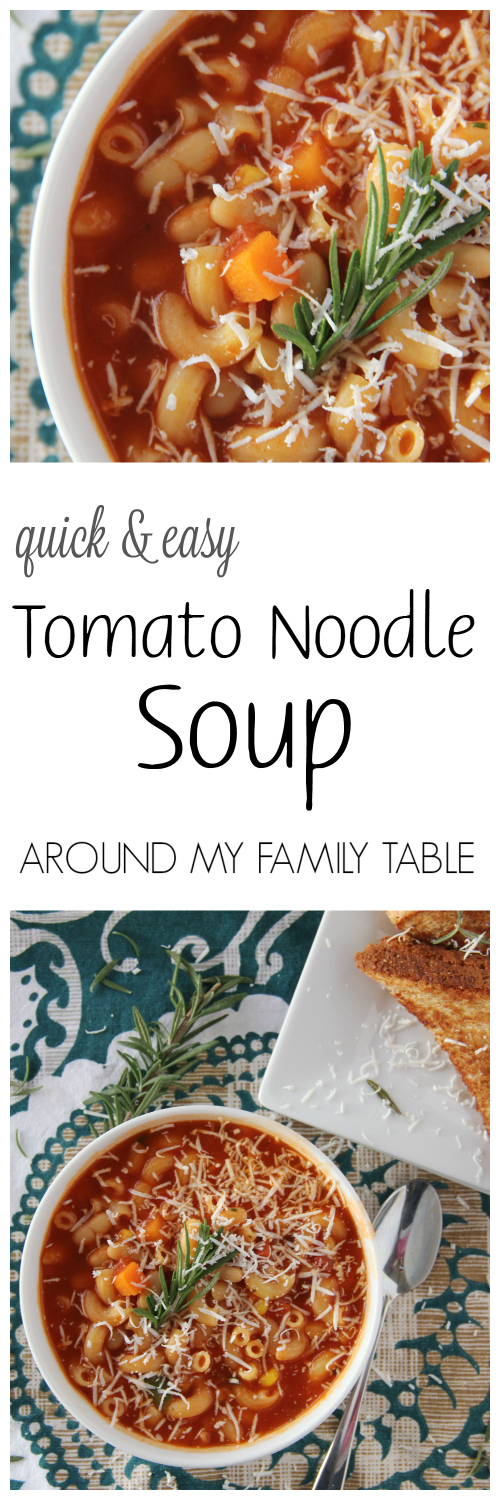 This simple and delicious Tomato Noodle Soup is ready in about 15 minutes and goes perfect with a grilled cheese sandwich.