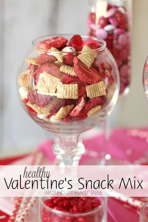 Skip the high calorie Valentine treats and sub in this delicious and Healthy Valentine's Snack Mix to make everyone happy.