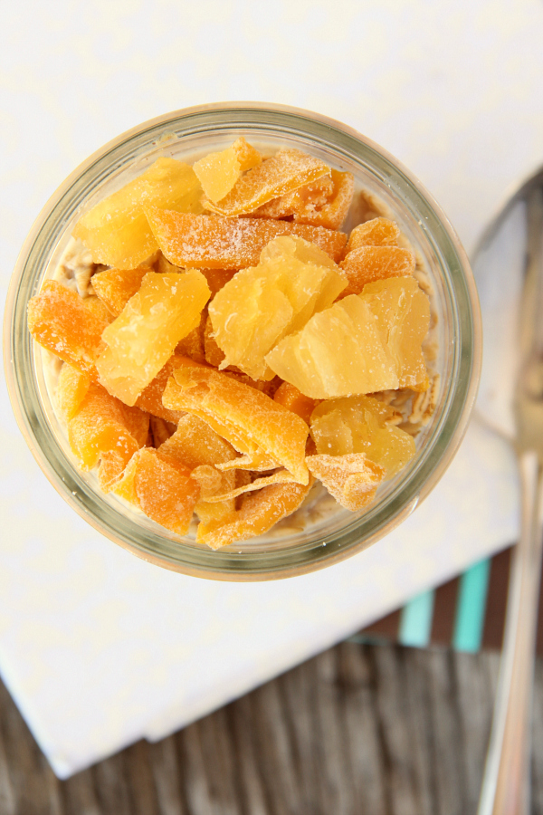 Make up a couple jars of Pineapple Mango Overnight Oats tonight for a quick and delicious breakfast tomorrow that's ready when you are.