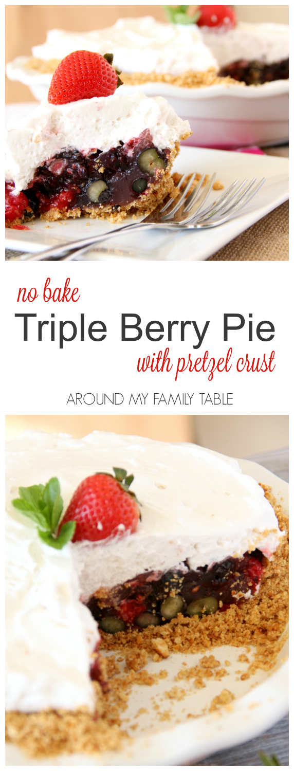 Once you discover how easy no-bake pies are...it's hard not to come up with new creations. This NO-BAKE TRIPLE BERRY PIE has a pretzel crust and is ready after a couple hours in the fridge. 