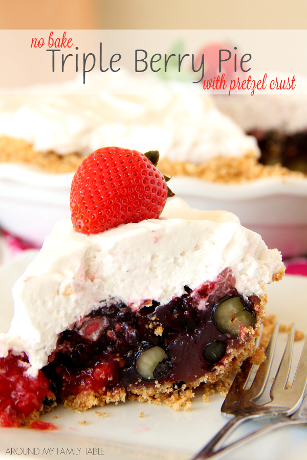 Once you discover how easy no-bake pies are...it's hard not to come up with new creations. This NO-BAKE TRIPLE BERRY PIE has a pretzel crust and is ready after a couple hours in the fridge. 
