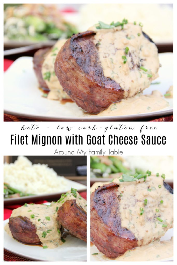 grilled Filet Mignon with Goat Cheese Sauce on white plate