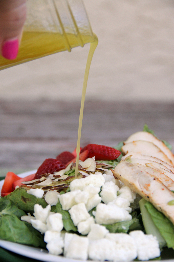 I rely on quick and easy salads like this STRAWBERRY ALMOND CHICKEN SALAD with a homemade HONEY LIME VINAIGRETTE for supper on hot summer nights.