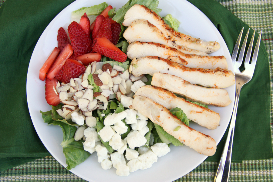 I rely on quick and easy salads like this STRAWBERRY ALMOND CHICKEN SALAD with a homemade HONEY LIME VINAIGRETTE for supper on hot summer nights.