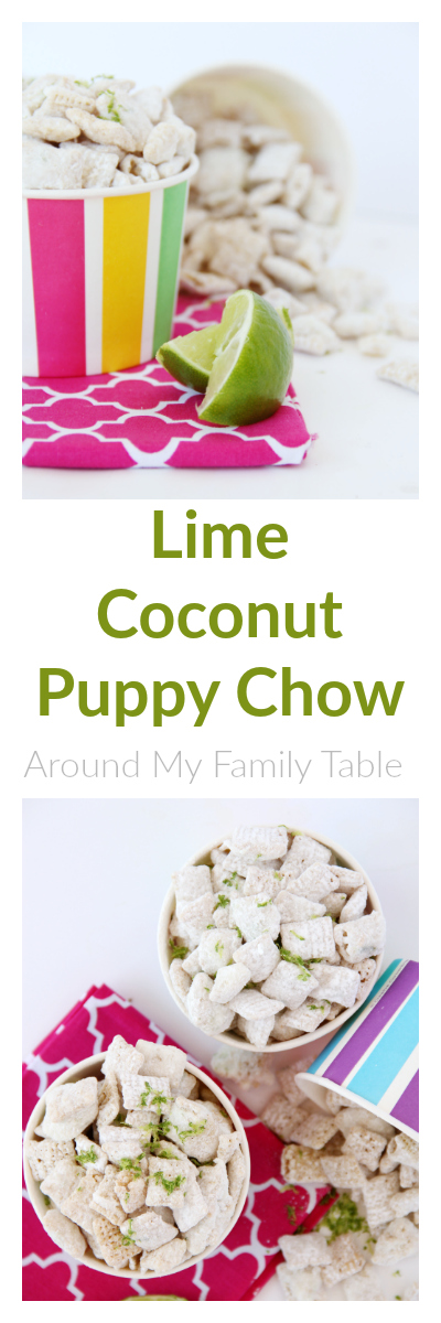 This sweet and tart LIME COCONUT PUPPY CHOW is addictive and reminiscent of those crunchy lime cooler cookies.