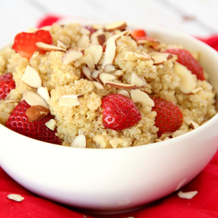 This Strawberry Almond Quinoa is a delicious and easy side dish to throw together for a picnic, party, or just a week night summer supper.