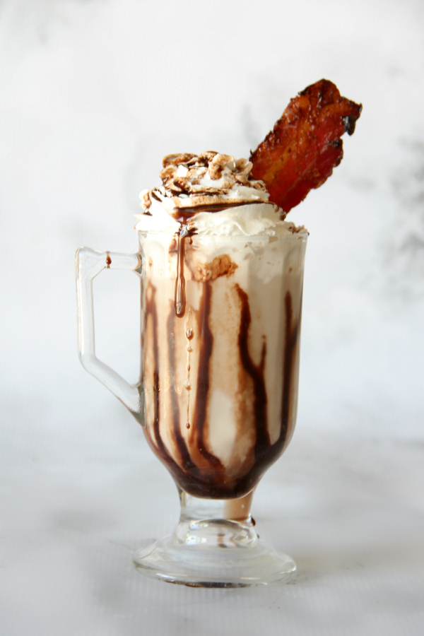 This Chocolate Caramel Bacon Milkshake is one of the most decadent milkshakes ever. It's sweet, salty, chocolatey, and total perfection.