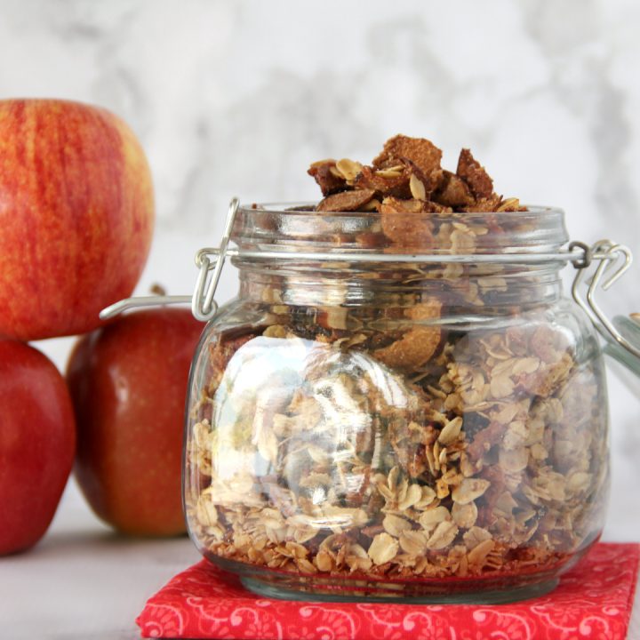 This Apple Cinnamon Granola is perfect for fall. Tons of apple goodness with a hint of cinnamon makes this granola perfect for the season.