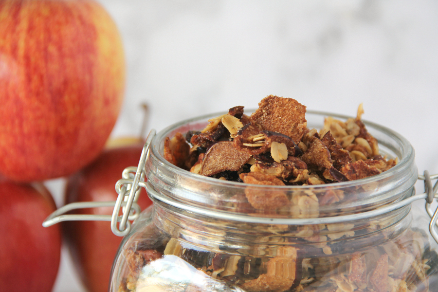 This Apple Cinnamon Granola is perfect for fall.  Tons of apple goodness with a hint of cinnamon makes this granola perfect for the season.