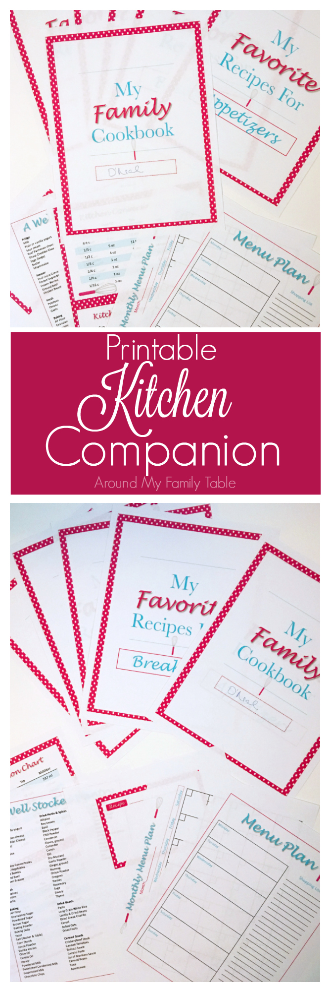 Printable kitchen companion includes 2 menu plans, recipe cards, kitchen binder inserts, and more.