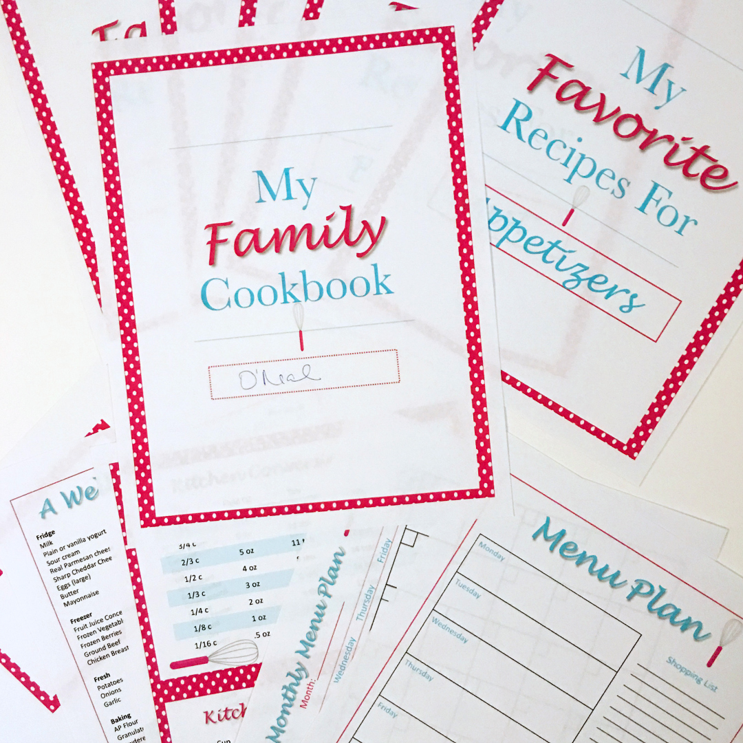 Printable kitchen companion includes 2 menu plans, recipe cards, kitchen binder inserts, and more.