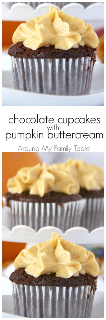 Fall has never tasted so good! Once you try one of these dreamy Chocolate Cupcakes with Pumpkin Buttercream Frosting you'll be reachin' for a second one.