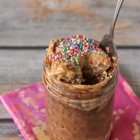 flourless mug cake in a canning jar