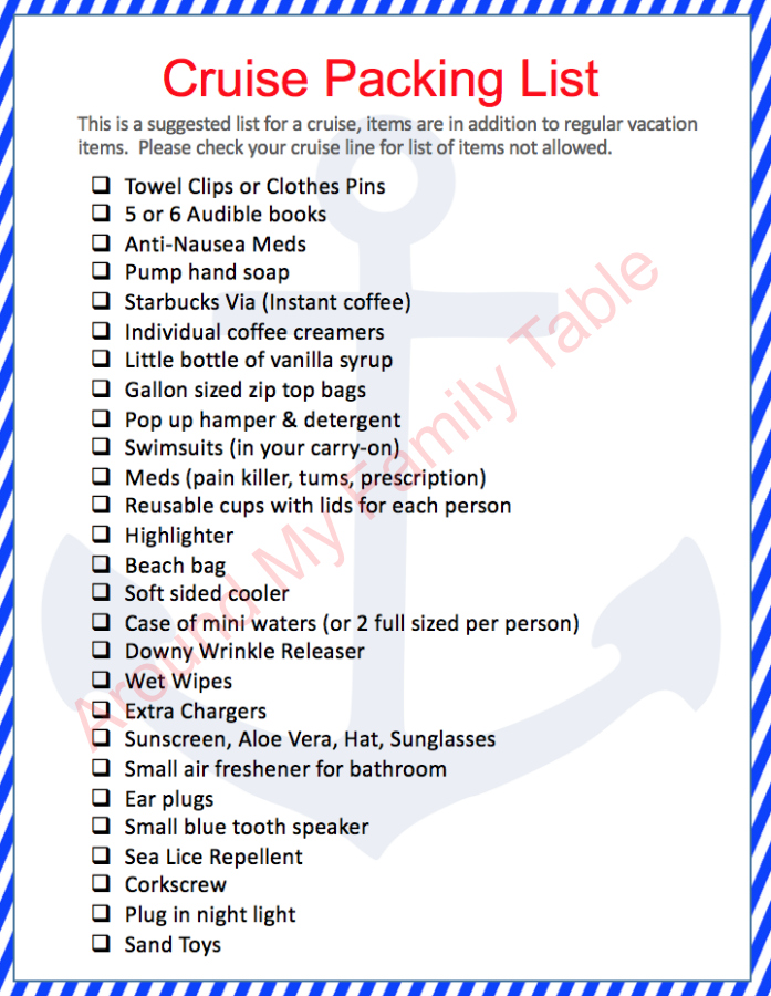 Printable Cruise Packing List....so print it off and start packing. FREE PRINTABLE