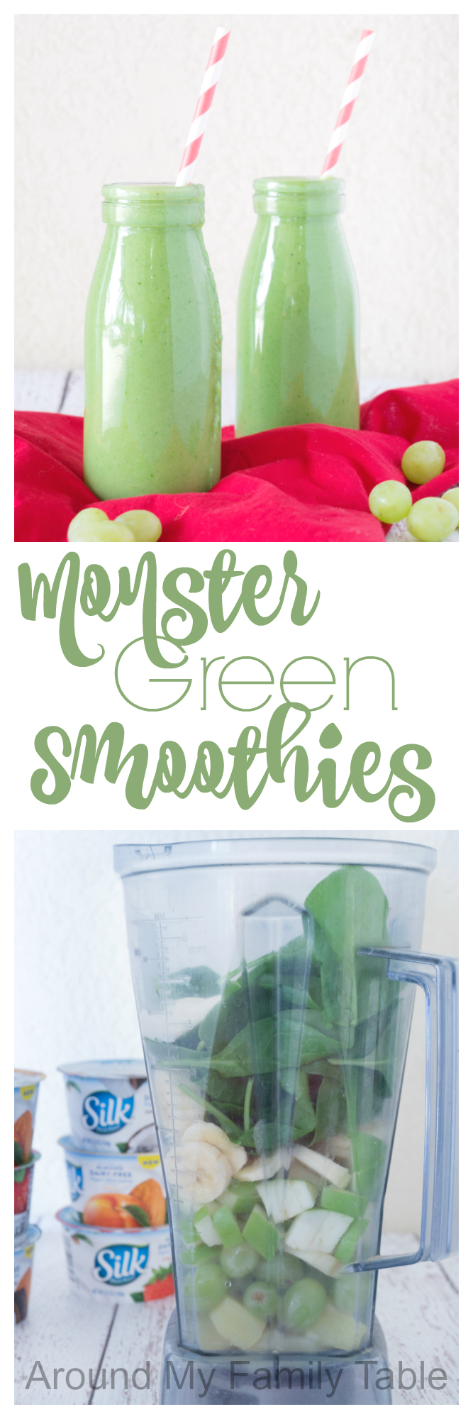 Blend up these Green Monster Smoothies for a cool afternoon snack; they are filled spinach and protein but sweetened with fruit so that even the pickiest eaters will love it.