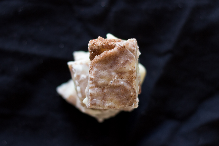 white chocolate Snickerdoodle Fudge topped with cinnamon