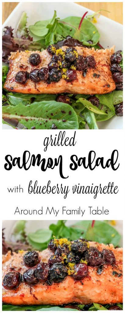 Grilled Salmon Salad with Warm Blueberry Vinaigrette Dressing - perfect for a quick weeknight meal at home with the kids or easy dinner for entertaining guests. | Around My Family Table