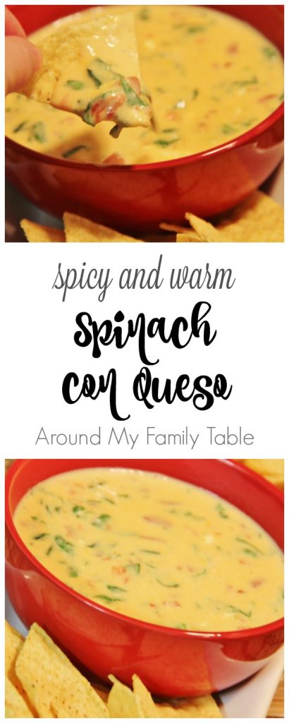 Spinach con queso is a delicious and easy warm party dip, with a little bit of spice, plus spinach for healthy goodness and color. It's a combo of warm spinach dip and queso dip! | Around My Family Table