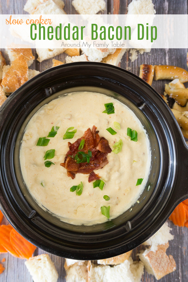 My Slow Cooker Cheddar Bacon Dip is the perfect after school snack or appetizer for the big game. Heck, I make it on the weekends to go with lunch sometimes...it's that good!