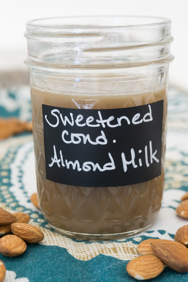 The perfect dairy free substitute for sweetened condensed milk is this homemade Sweetened Condensed Almond Milk.