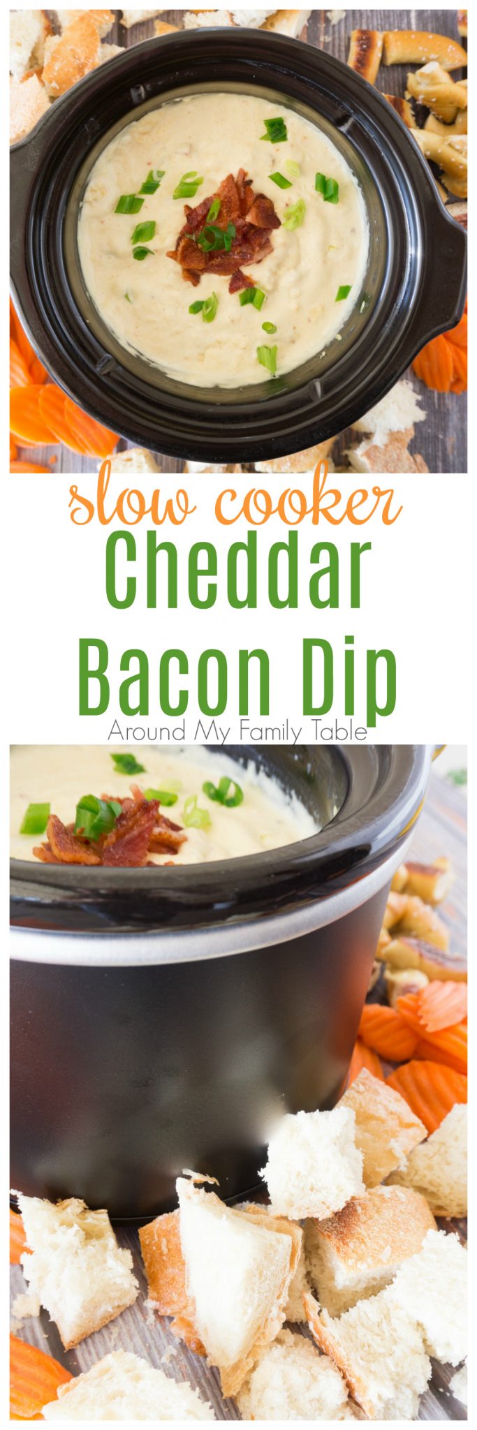 My Slow Cooker Cheddar Bacon Dip is the perfect after school snack or appetizer for the big game. Heck, I make it on the weekends to go with lunch sometimes...it's that good!