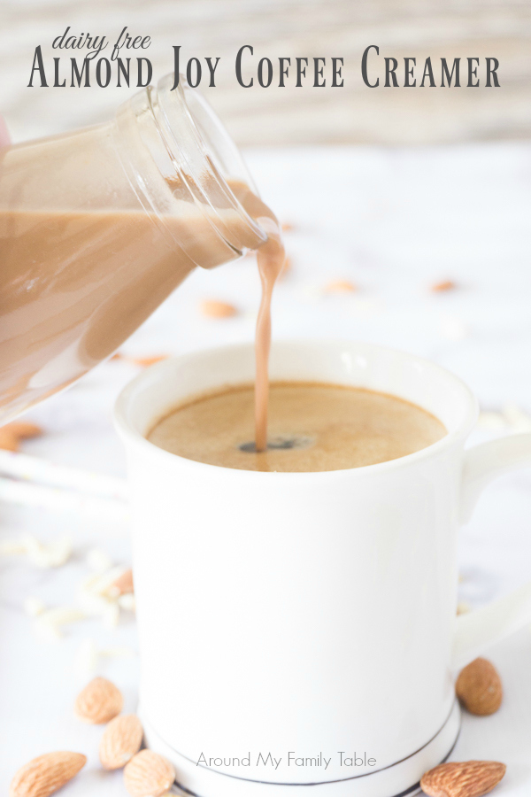 Splurge a little with this thick and creamy dairy free Almond Joy Coffee Creamer.  It's made completely from scratch and just a few basic ingredients like almonds, cocoa powder, sugar, and extracts.